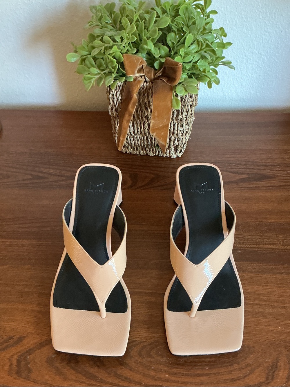 Marc Fisher Tan Patent Square-Toe Thong Mules